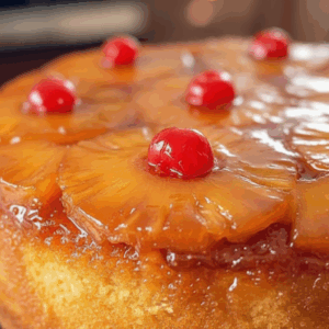 Torta de piña venezolana artesanal sobre plato negro, decorada con rodajas de piña caramelizada y cerezas rojas brillantes, en una cocina de Santiago de Chile.