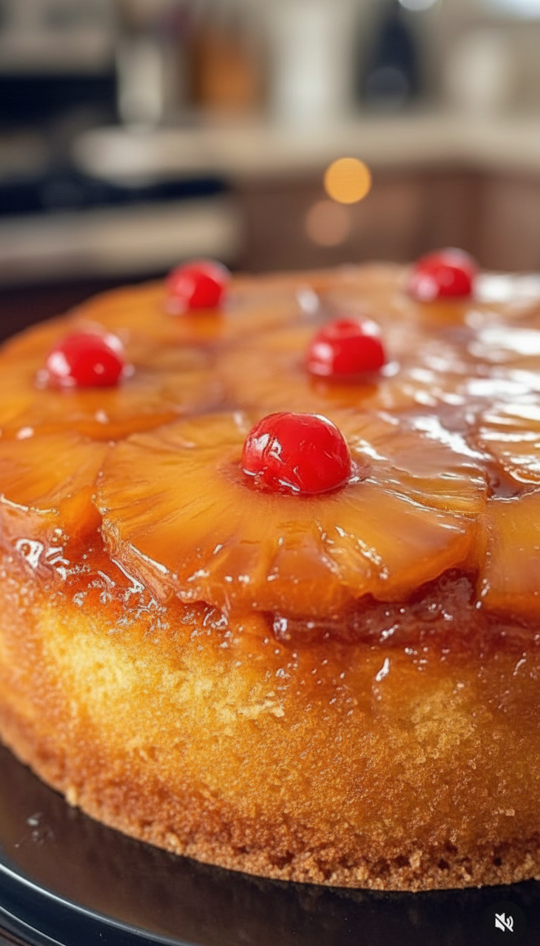 Torta de piña venezolana artesanal sobre plato negro, decorada con rodajas de piña caramelizada y cerezas rojas brillantes, en una cocina de Santiago de Chile.