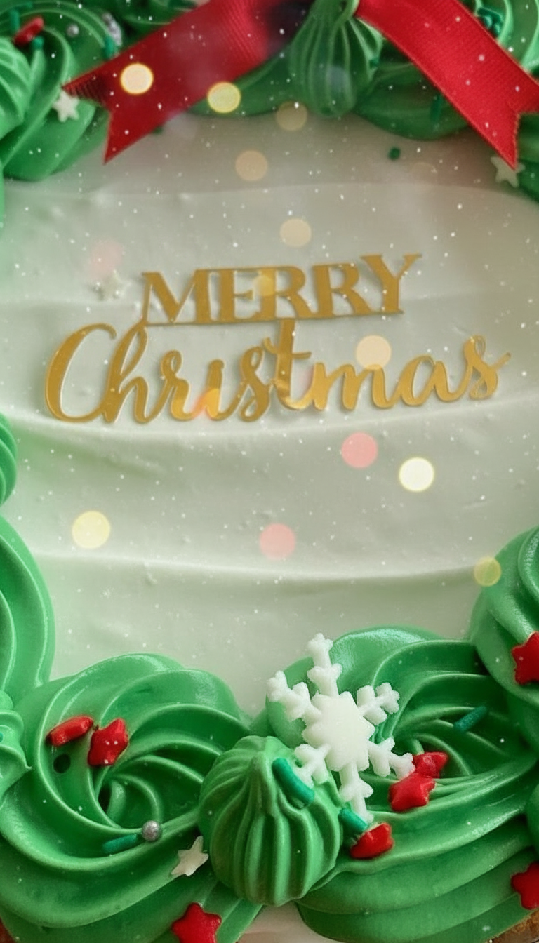 Torta tres leches navideña decorada con crema verde, lazo rojo y copos de nieve comestibles, sobre mesa de madera, lista para compartir en Santiago de Chile.