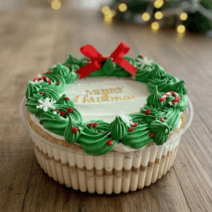 Torta tres leches navideña decorada con crema verde, lazo rojo y copos de nieve comestibles, sobre mesa de madera, lista para compartir en Santiago de Chile.